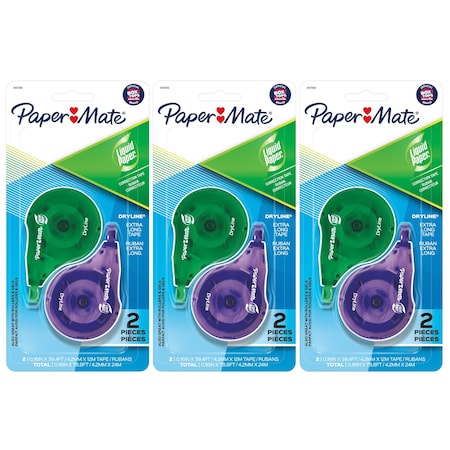 Paper Mate Liquid Paper DryLine, Extra Long Tape, 2 Assorted Colors Per Pack, 3PK 6137206